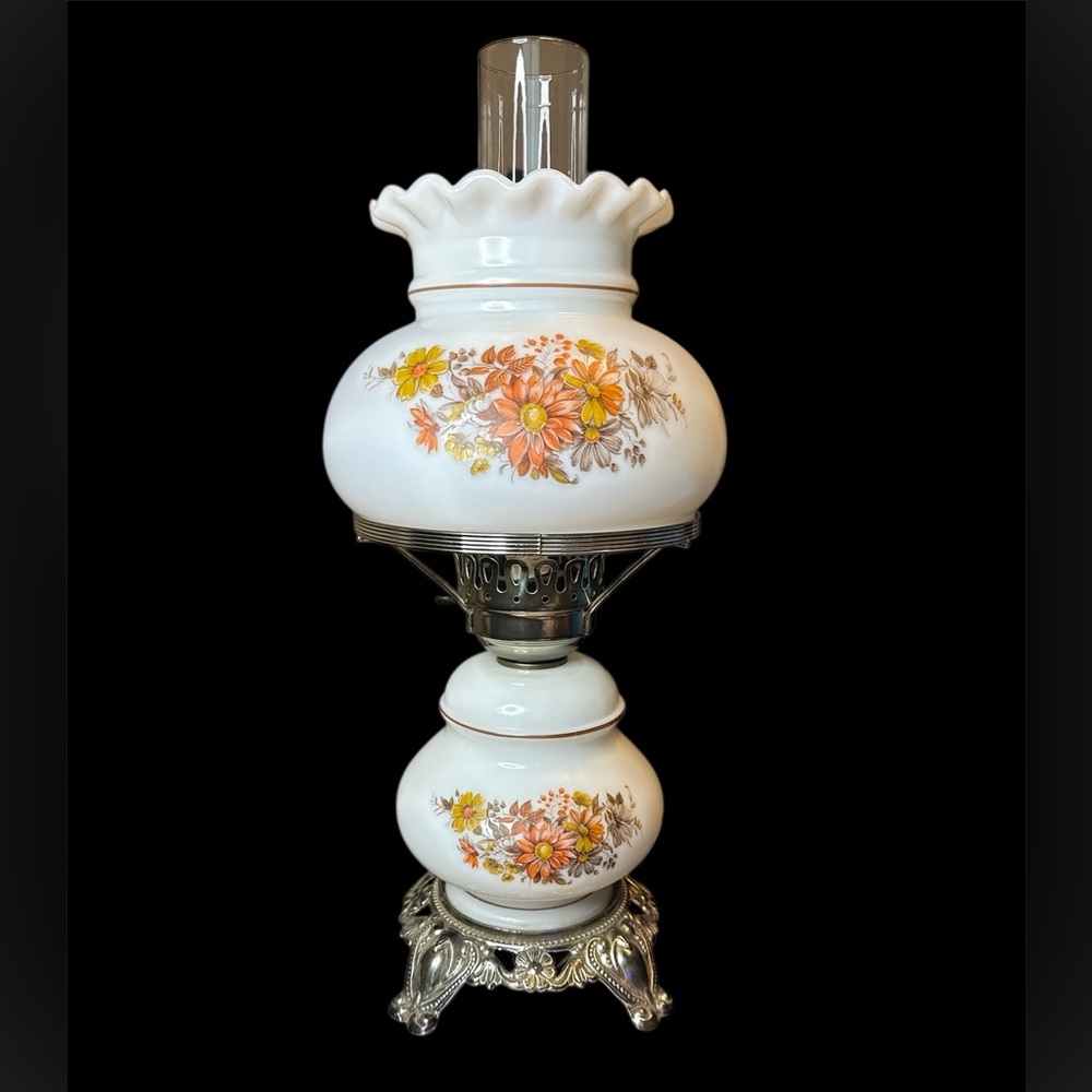 Vintage Floral Glass Hurricane Lamp 1977